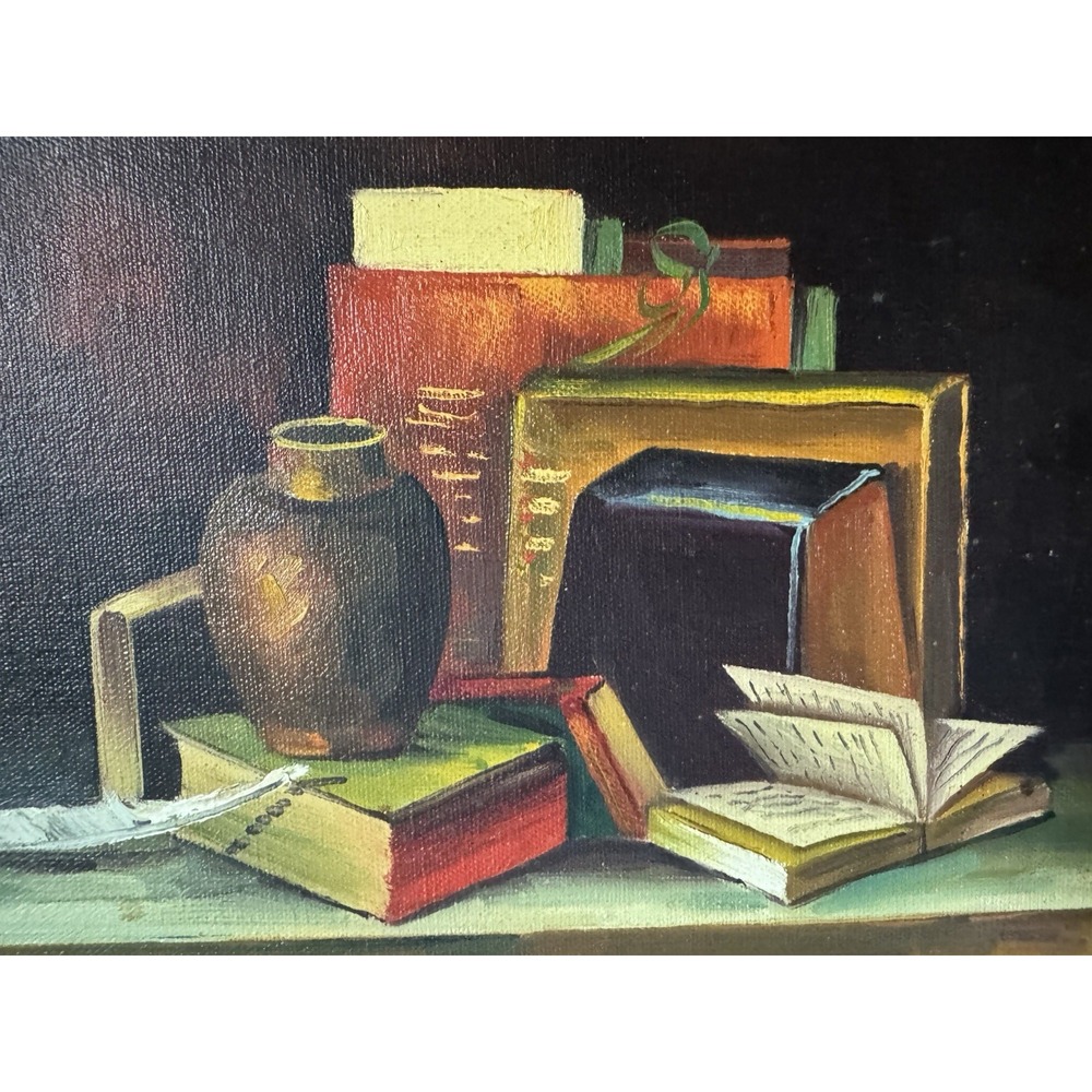 Vintage Frank Lean Original Oil Painting Still Life Books Vase Gold Frame Signed - Picture 4 of 9